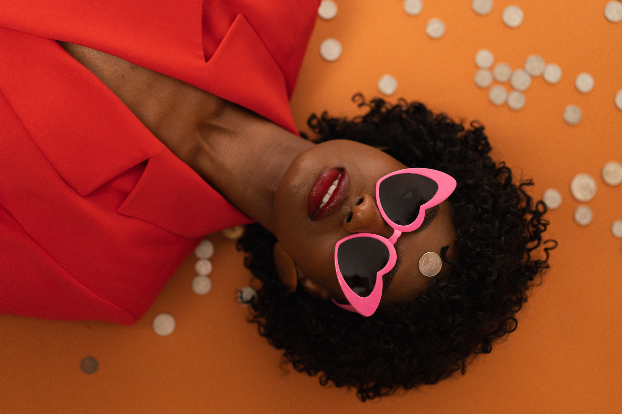Top View of Stylish Woman with Coin on Forehead