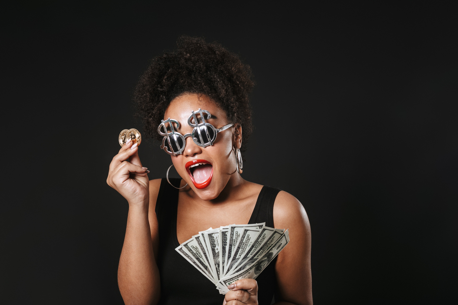 Image of Happy Afro American Woman Wearing Dollar Glasses Holdin