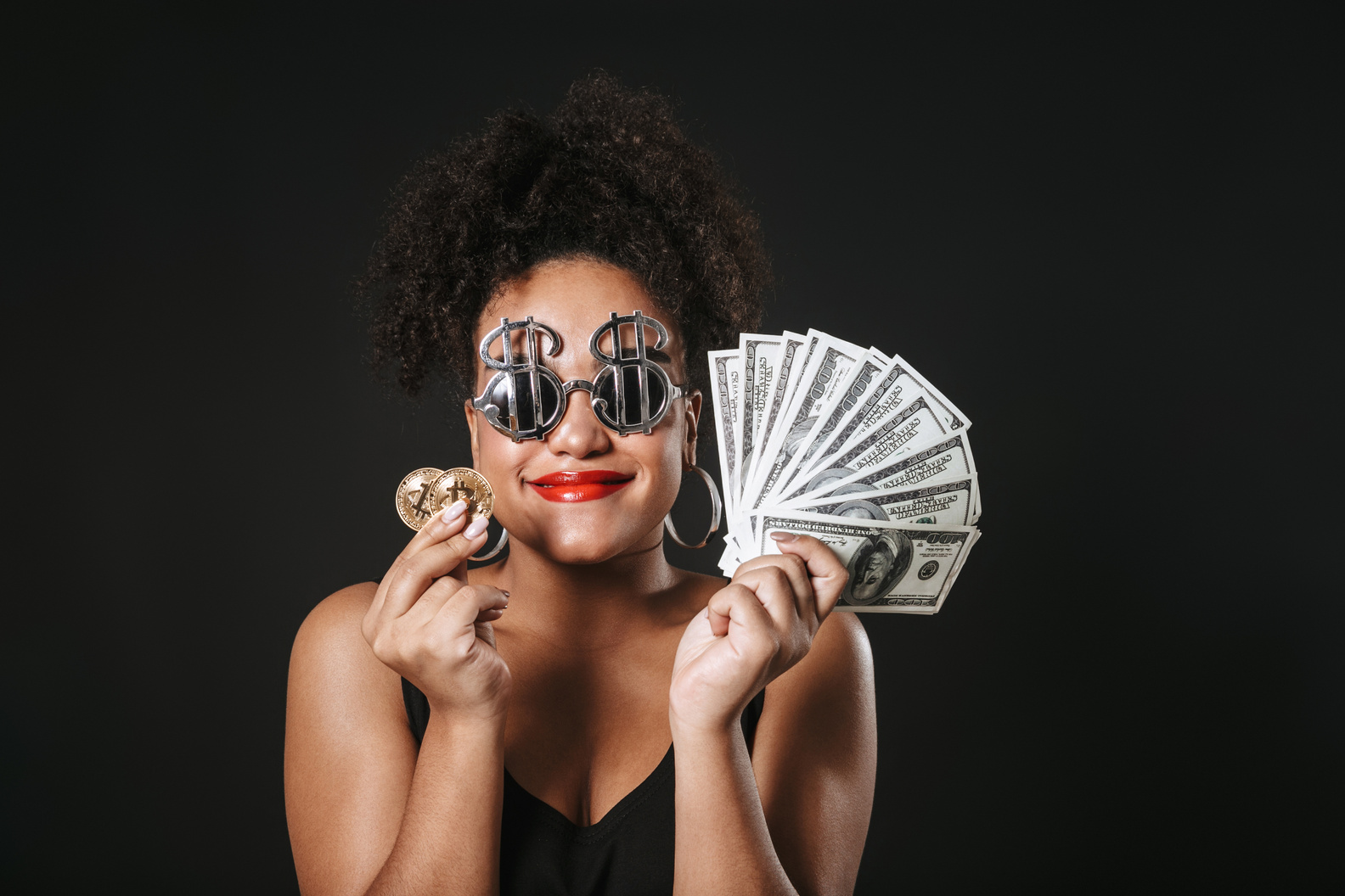 Image of Fancy Afro American Woman Wearing Dollar Glasses Holdin